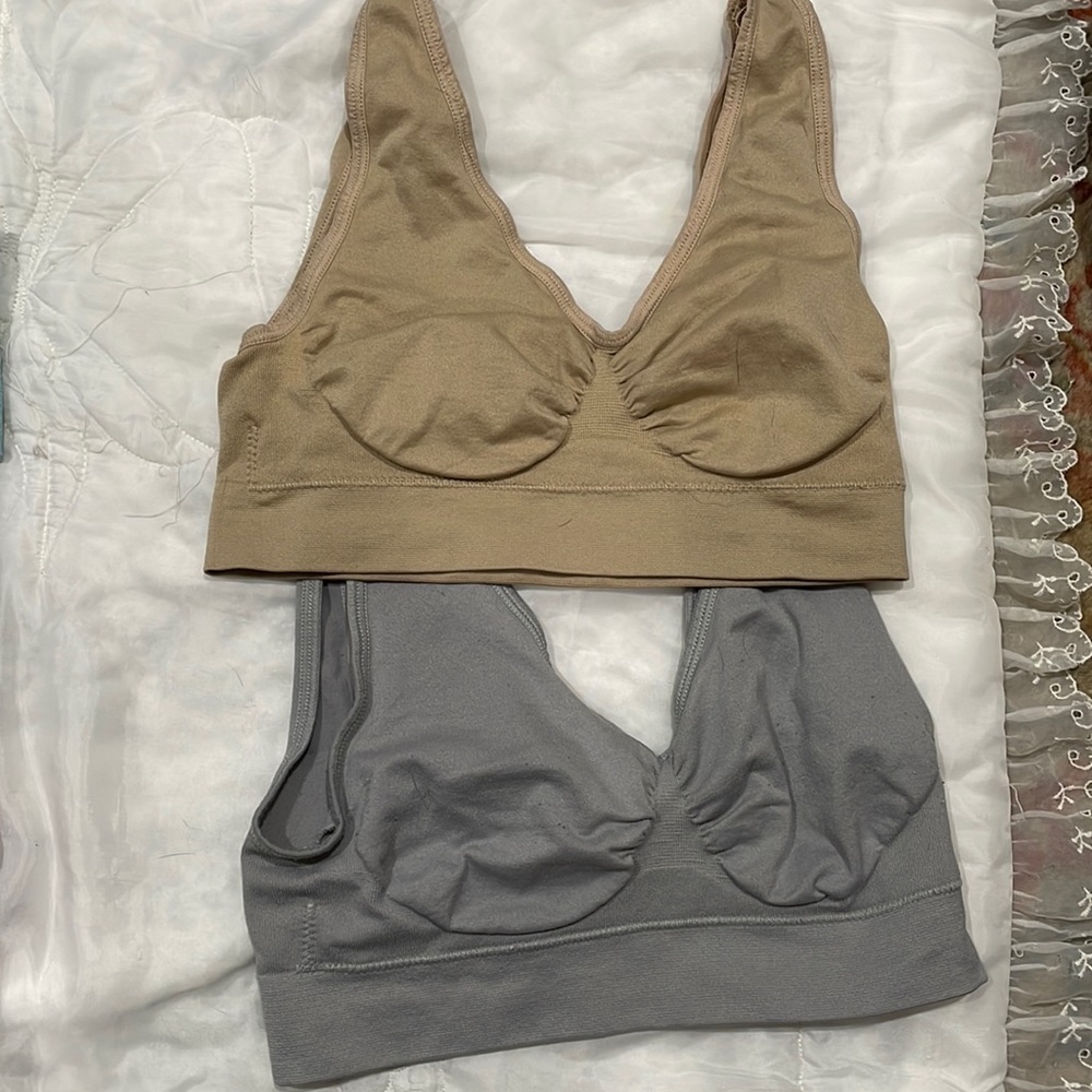 Gray and tan sports bras